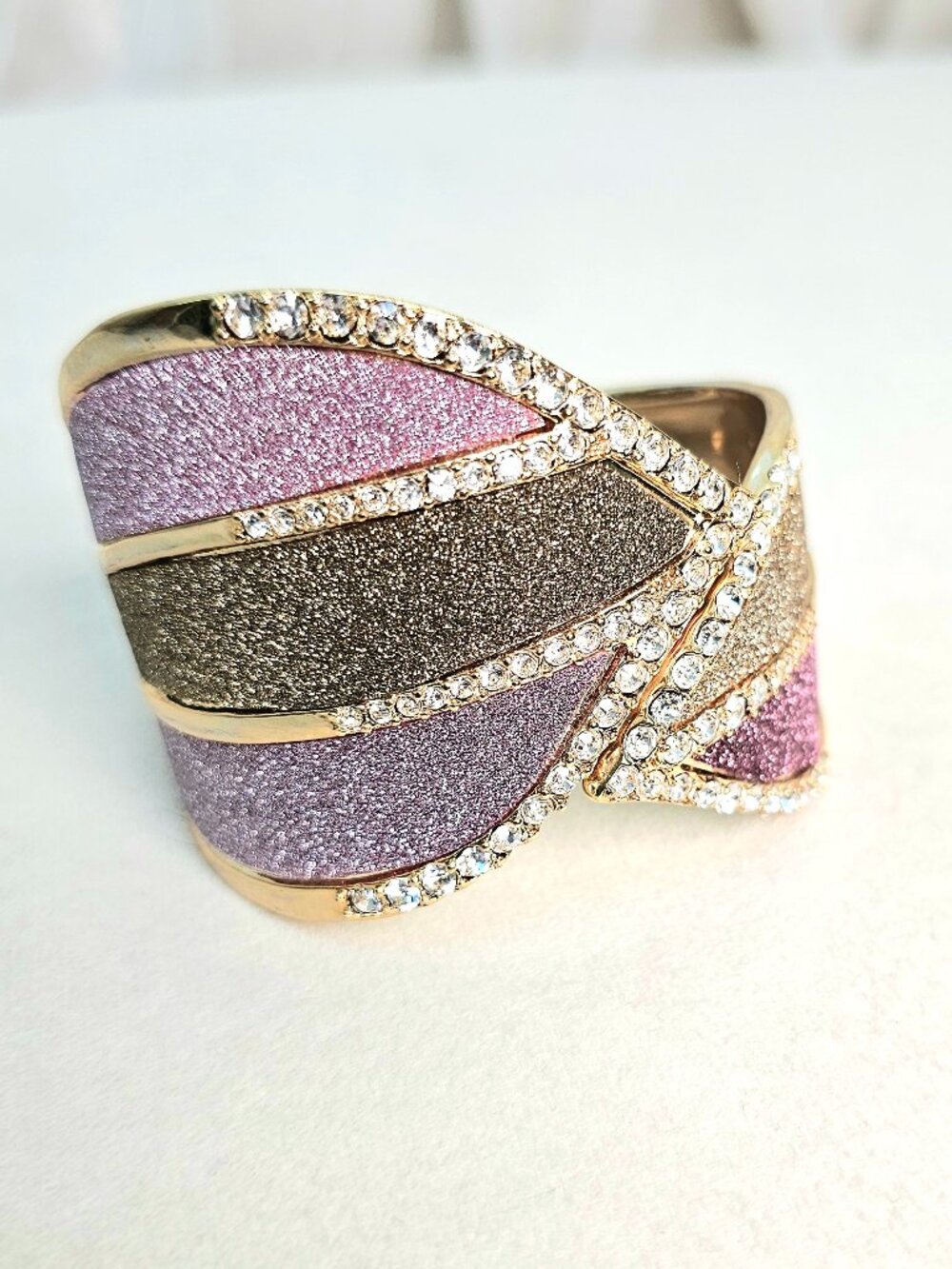 ABS by Allen Schwartz Wide Cuff Bracelet Gold Tone Crystal Pave Glitter Enamel